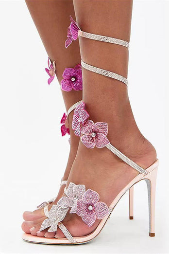 Glitter Floral Pink Beaded Wrap Up Strappy Gladiator High Heeled Sandals