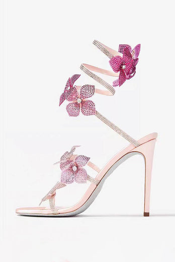 Glitter Floral Pink Beaded Wrap Up Strappy Gladiator High Heeled Sandals