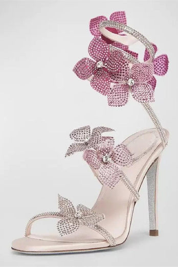 Glitter Floral Pink Beaded Wrap Up Strappy Gladiator High Heeled Sandals