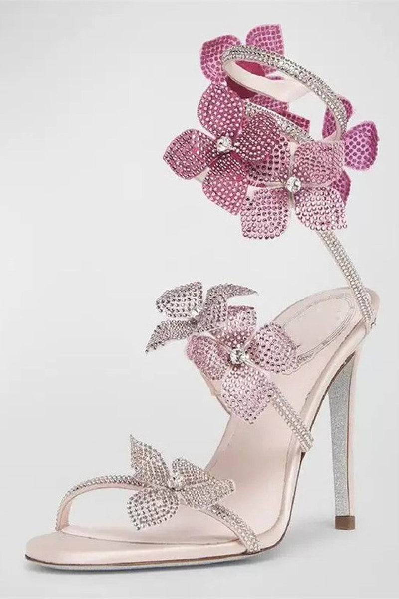 Load image into Gallery viewer, Glitter Floral Pink Beaded Wrap Up Strappy Gladiator High Heeled Sandals