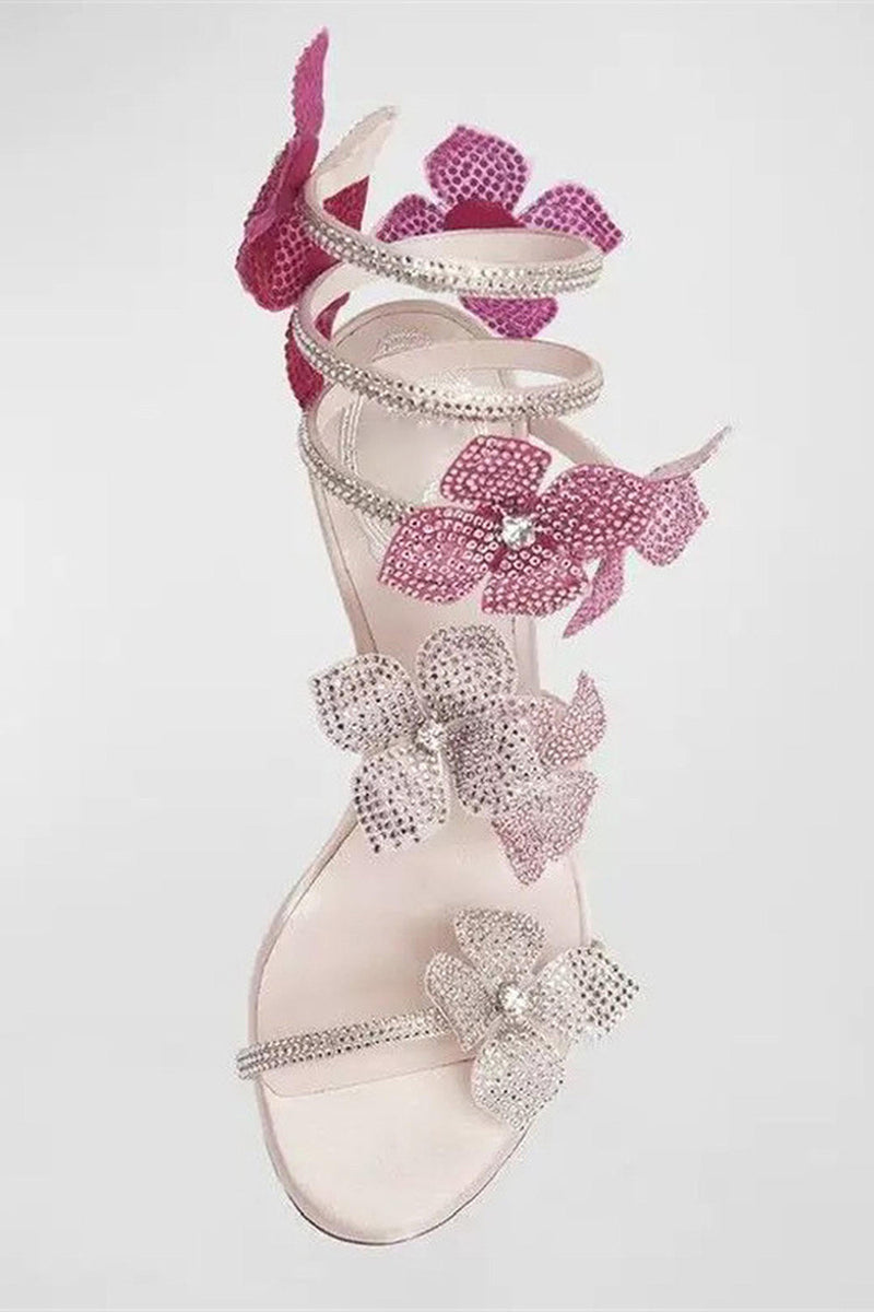 Load image into Gallery viewer, Glitter Floral Pink Beaded Wrap Up Strappy Gladiator High Heeled Sandals
