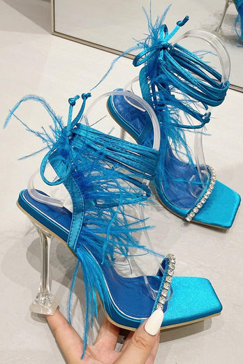Sparkly Fuchsia Strappy Gladiator Stiletto High Heel Sandals with Feather