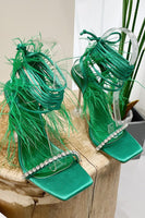 Load image into Gallery viewer, Sparkly Fuchsia Strappy Gladiator Stiletto High Heel Sandals with Feather