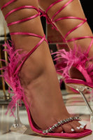 Load image into Gallery viewer, Sparkly Fuchsia Strappy Gladiator Stiletto High Heel Sandals with Feather
