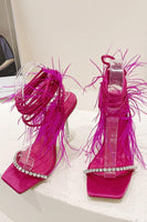 Load image into Gallery viewer, Sparkly Fuchsia Strappy Gladiator Stiletto High Heel Sandals with Feather