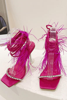 Sparkly Fuchsia Strappy Gladiator Stiletto High Heel Sandals with Feather