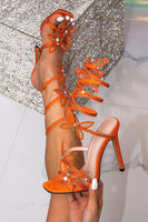Load image into Gallery viewer, Sparkly Orange Wrap Up Strappy Gladiator Stiletto High Heeled Sandals with Butterflies