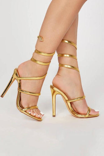 Sparkly Golden Wrap Up Strappy Gladiator High Heeled Sandals for Party