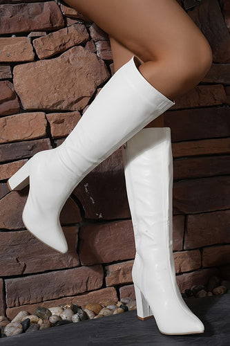 White Go Go Pointed Toe Chunky Knee High Heel Boots