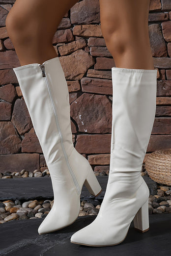 White Go Go Pointed Toe Chunky Knee High Heel Boots