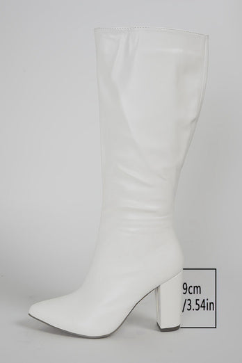 White Go Go Pointed Toe Chunky Knee High Heel Boots