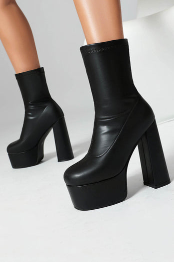White Go Go Round Toe Chunky Platform Heeled Ankle Boots
