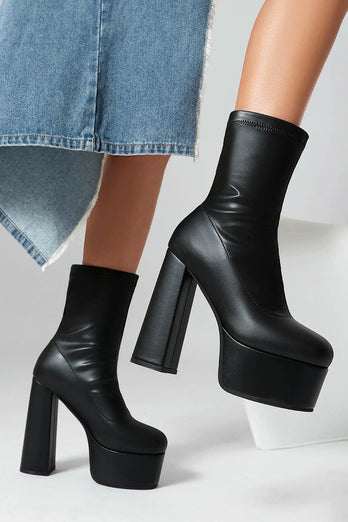 White Go Go Round Toe Chunky Platform Heeled Ankle Boots