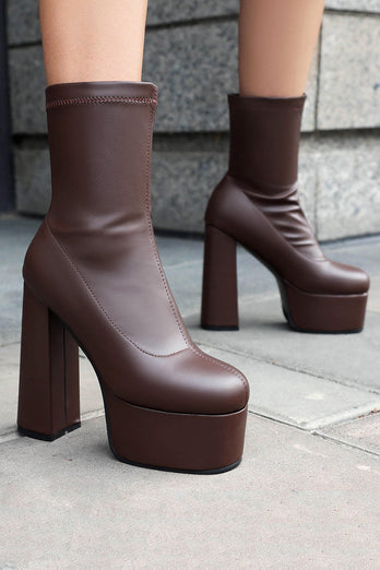 White Go Go Round Toe Chunky Platform Heeled Ankle Boots