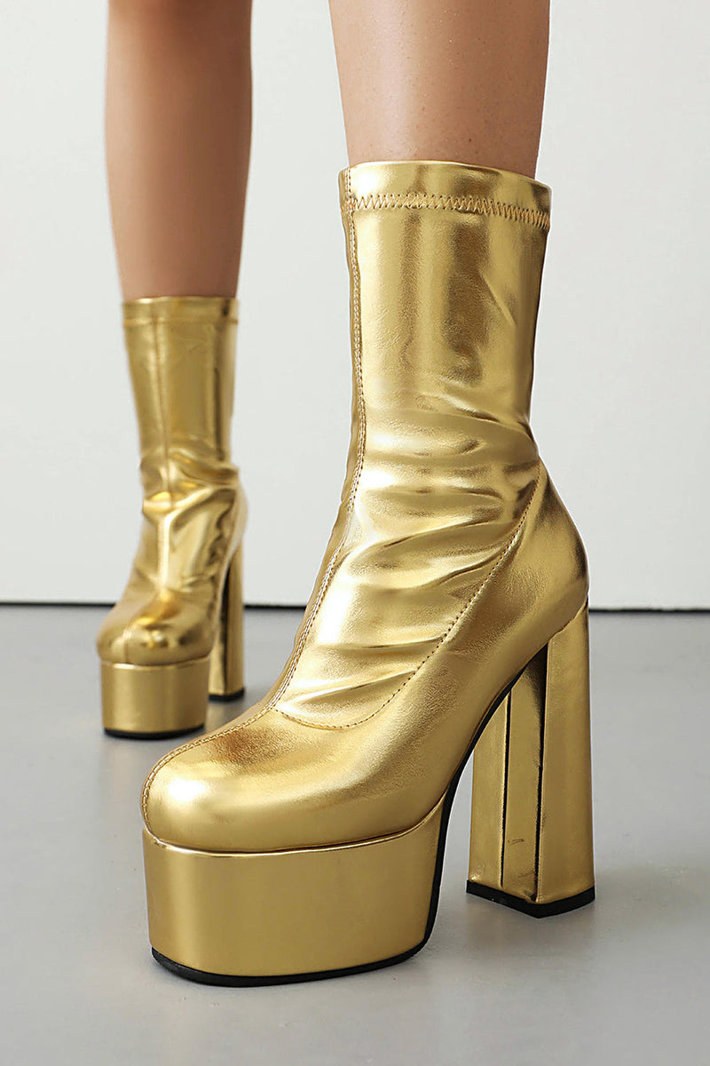 Load image into Gallery viewer, White Go Go Round Toe Chunky Platform Heeled Ankle Boots