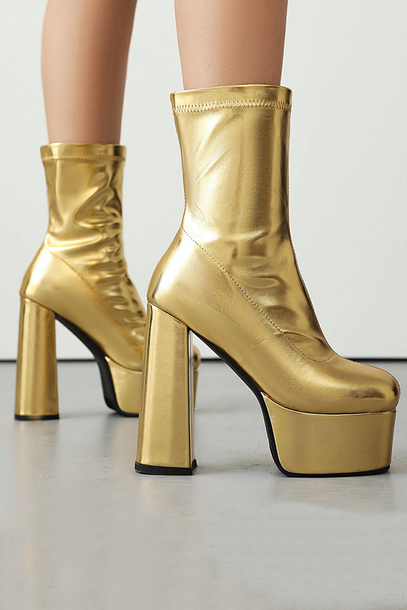 Load image into Gallery viewer, White Go Go Round Toe Chunky Platform Heeled Ankle Boots