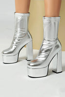 Load image into Gallery viewer, White Go Go Round Toe Chunky Platform Heeled Ankle Boots