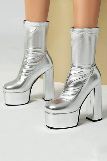 White Go Go Round Toe Chunky Platform Heeled Ankle Boots