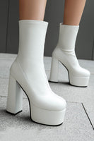 Load image into Gallery viewer, White Go Go Round Toe Chunky Platform Heeled Ankle Boots