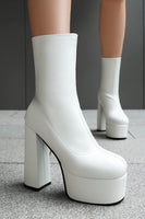 Load image into Gallery viewer, White Go Go Round Toe Chunky Platform Heeled Ankle Boots
