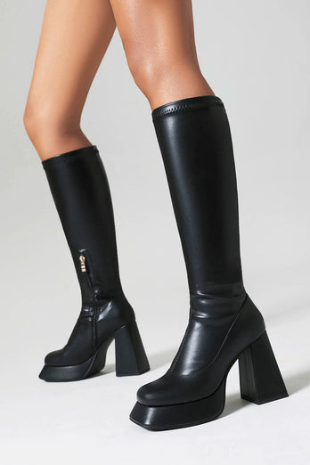 White Go Go Knee High Square Toe Chunky Platform Heel Boots