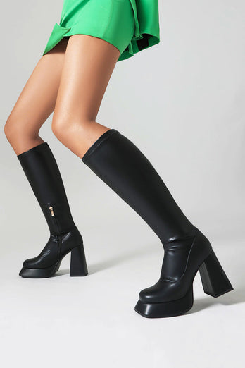 White Go Go Knee High Square Toe Chunky Platform Heel Boots