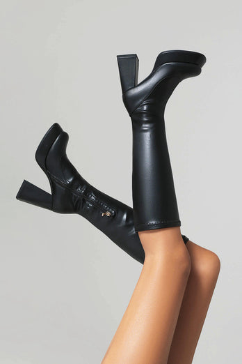 White Go Go Knee High Square Toe Chunky Platform Heel Boots