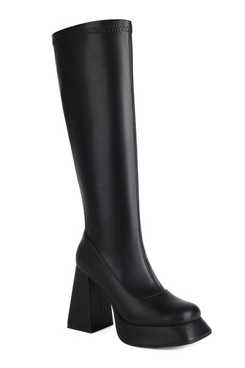 White Go Go Knee High Square Toe Chunky Platform Heel Boots