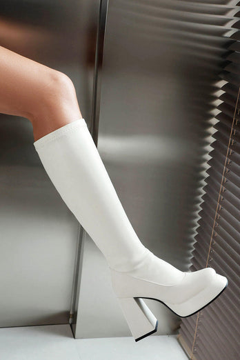 White Go Go Knee High Square Toe Chunky Platform Heel Boots