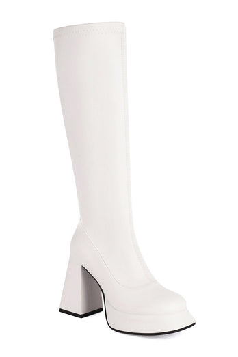 White Go Go Knee High Square Toe Chunky Platform Heel Boots