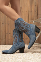 Load image into Gallery viewer, Dark Blue Embroidered Chunky Heel Wide Calf Western Cowgirl Boots