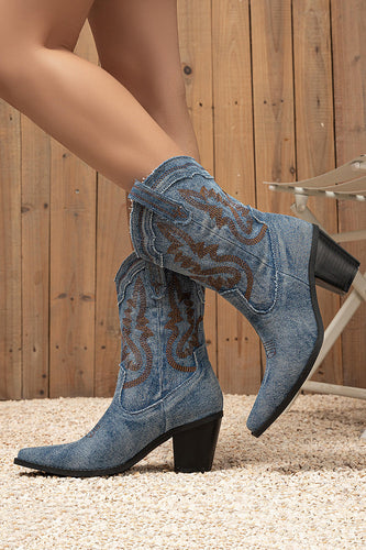 Dark Blue Embroidered Chunky Heel Wide Calf Western Cowgirl Boots
