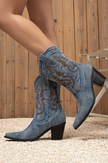 Dark Blue Embroidered Chunky Heel Wide Calf Western Cowgirl Boots