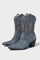 Load image into Gallery viewer, Dark Blue Embroidered Chunky Heel Wide Calf Western Cowgirl Boots