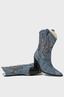 Load image into Gallery viewer, Dark Blue Embroidered Chunky Heel Wide Calf Western Cowgirl Boots