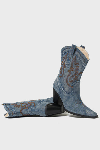 Dark Blue Embroidered Chunky Heel Wide Calf Western Cowgirl Boots