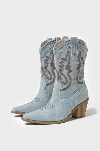 Dark Blue Embroidered Chunky Heel Wide Calf Western Cowgirl Boots