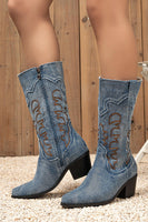 Load image into Gallery viewer, Dark Blue Embroidered Mid Calf Chunky Heel Cowgirl Boots
