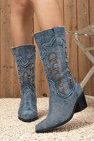 Load image into Gallery viewer, Dark Blue Embroidered Mid Calf Chunky Heel Cowgirl Boots