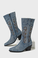Load image into Gallery viewer, Dark Blue Embroidered Mid Calf Chunky Heel Cowgirl Boots
