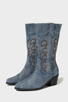 Load image into Gallery viewer, Dark Blue Embroidered Mid Calf Chunky Heel Cowgirl Boots