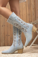 Load image into Gallery viewer, Dark Blue Embroidered Mid Calf Chunky Heel Cowgirl Boots