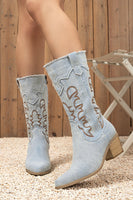 Load image into Gallery viewer, Dark Blue Embroidered Mid Calf Chunky Heel Cowgirl Boots