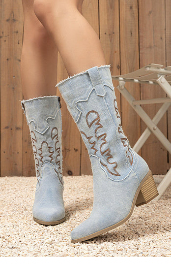 Dark Blue Embroidered Mid Calf Chunky Heel Cowgirl Boots