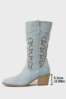 Load image into Gallery viewer, Dark Blue Embroidered Mid Calf Chunky Heel Cowgirl Boots