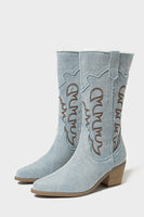 Load image into Gallery viewer, Dark Blue Embroidered Mid Calf Chunky Heel Cowgirl Boots