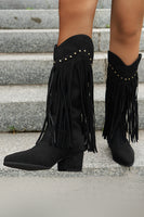 Load image into Gallery viewer, Brown Leopard Mid Calf Chunky Heel Cowgirl Boots with Fringes