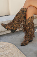 Load image into Gallery viewer, Brown Leopard Mid Calf Chunky Heel Cowgirl Boots with Fringes