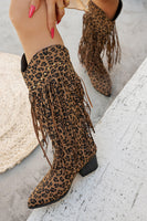 Load image into Gallery viewer, Brown Leopard Mid Calf Chunky Heel Cowgirl Boots with Fringes