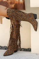 Load image into Gallery viewer, Brown Leopard Mid Calf Chunky Heel Cowgirl Boots with Fringes